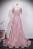 Blush Pink Glitter Tassel Sleeve Prom Dress | Luxury Evening Gown HZ0429