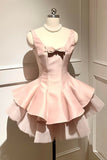 Pink Satin Bow Detail Mini Party Dress with Tulle Ruffle Hem HZ0429
