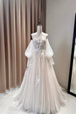 Champagne Tulle Lace Puff Sleeve Long A-Line Evening Party Dress HZ0429