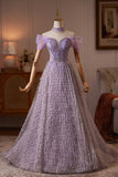 Lavender Off the Shoulder Long A-Line Prom Dress with Beaded Bodice HZ0429