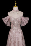Dusty Pink Glitter Off-the-Shoulder Ball Gown Formal Evening Dress with Tulle Sleeves HZ0429