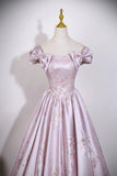 Elegant Off-the-Shoulder Satin Pink Prom Dress with Floral Embroidery HZ0429