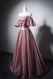 Dusty Pink Off-the-Shoulder A-Line Evening Gown with Puff Sleeves HZ0429