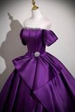 Purple Off-the-Shoulder Satin Ball Gown with Crystal Waist Detail HZ0429