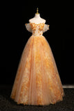 Orange Yellow Off-the-Shoulder Tulle Ball Gown with 3D Flower Embellishments HZ0429