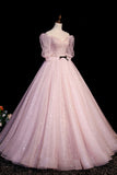 Pink V-Neck Tulle Long Prom Dress, A-Line Short Sleeves Evening Dress HZ0429
