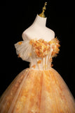 Orange Yellow Off-the-Shoulder Tulle Ball Gown with 3D Flower Embellishments HZ0429
