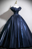 Navy Satin Long Prom Dress A-Line Off the Shoulder Evening Party Dress HZ0429