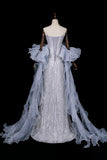 Strapless Beaded Mermaid Evening Gown in Dusty Blue with Detachable Tulle Cape HZ0429