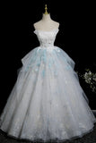 Blue Glitter Lace Flower Prom Dress, Beautiful A-Line Strapless Evening Party Dress HZ0429