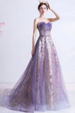 Purple Tulle Sequins Long Prom Dresses, A-Line Strapless Evening Dresses HZ0429