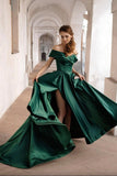 Green Satin Long A-Line Prom Dress, Off the Shoulder Evening Dress with Slit HZ0429