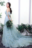 Blue Spaghetti Strap Tulle Long Prom Dress, A-Line Blue Evening Dress HZ0429