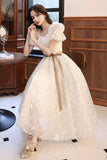 White Tulle Short Sleeve Prom Dress, Cute A-Line Party Homecoming Dress HZ0429