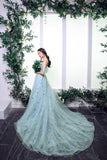Blue Spaghetti Strap Tulle Long Prom Dress, A-Line Blue Evening Dress HZ0429