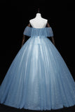Blue Tulle Lace Long Prom Dresses, A-Line Off the Shoulder Evening Dresses HZ0429