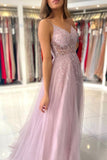 Pink V-Neck Tulle Beaded Long Formal Dress, A-Line Evening Dress with Slit HZ0429