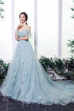 Blue Spaghetti Strap Tulle Long Prom Dress, A-Line Blue Evening Dress HZ0429
