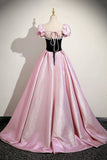 Black Velvet and Pink Satin Long Prom Dress, Lovely A-Line Party Dress HZ0429