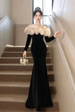 Champagne and Black Velvet Long Prom Dress, Mermaid Off the Shoulder Party Dress HZ0429