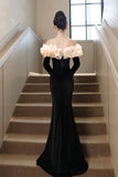 Champagne and Black Velvet Long Prom Dress, Mermaid Off the Shoulder Party Dress HZ0429