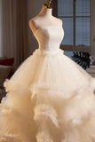 Champagne Tulle Layers Long Prom Dresses, A-Line Strapless Evening Dresses HZ0429