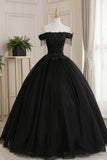 Black Tulle Lace Off the Shoulder Prom Dress, Black A-Line Evening Dress HZ0429