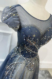 Blue Scoop Neckline Tulle Long Prom Dress, A-Line Evening Dress HZ0429