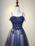 Blue Gradient Tulle Spaghetti Strap Long Party Dress, Beautiful A-line Prom Dress HZ0429