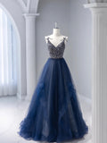 Blue Tulle Beaded Long Prom Dress, A-Line Spaghetti Strap Formal Evening Dress HZ0429