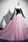 Black and Pink Tulle Long Prom Dress, Unique Strapless Evening Dress with Corset HZ0429