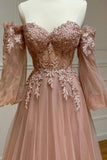 A-Line Tulle Lace Long Prom Dresses, Off the Shoulder Lace Formal Dresses HZ0429