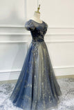 Blue Scoop Neckline Tulle Long Prom Dress, A-Line Evening Dress HZ0429