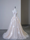 Champagne Tulle Lace Long Prom Dress, Elegant Strapless A-Line Formal Evening Dress HZ0429