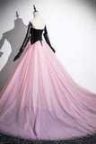 Black and Pink Tulle Long Prom Dress, Unique Strapless Evening Dress with Corset HZ0429