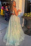 Green V-neck Lace Long Prom Dress, A-Line Evening Dress with Slit HZ0429