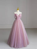 Beautiful Tulle Beaded Floor Length Prom Dress, Pink Off the Shoulder Evening Party Dress HZ0429