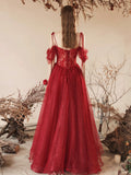 Dark Red Tulle Beaded Long Prom Dress, Beautiful Off the Shoulder Evening Party Dress HZ0429