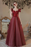 Burgundy Satin Tulle Long Prom Dress, A-Line Evening Dress HZ0429