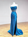 Blue Strapless Pleated Long Prom Dress, Blue Satin Party Dress HZ0429
