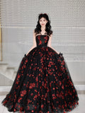 Black Tulle and Red Sequins Long Formal Dress, A-Line Strapless Evening Party Dress HZ0429