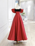Burgundy Satin and Black Velvet Long Prom Dress, A-Line Spaghetti Strap Evening Party Dress HZ0429