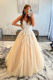 Champagne V-Neck Lace Long Prom Dresses, A-Line Formal Party Gown HZ0429