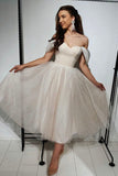 Champagne Tulle Short Prom Dress, A-Line Off the Shoulder Party Dress HZ0429
