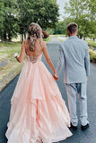 Pink Tulle Long Prom Dress, A-Line Spaghetti Straps Evening Dress HZ0429