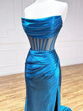 Blue Strapless Pleated Long Prom Dress, Blue Satin Party Dress HZ0429