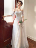Gray Strapless Tulle Long Prom Dress, Lovely A-Line Evening Dress HZ0429