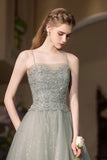 Gray Green Tulle Sequins Long Prom Dress, Beautiful A-Line Spaghetti Strap Party Dress HZ0429