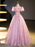 Pink Tulle and Lace Long Prom Dress with Sequins, Beautiful A-Line Sweet 16 Dress HZ0429