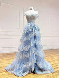 Blue Tulle Sequins Long Prom Dress, Beautiful Off Shoulder Evening Dress HZ0429